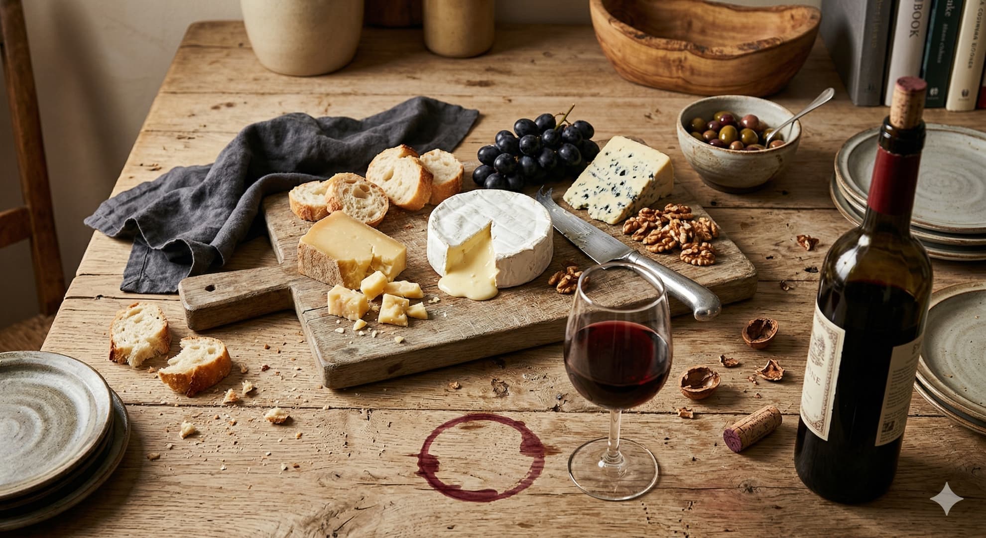 French-inspired wine and cheese table with bread and fruit