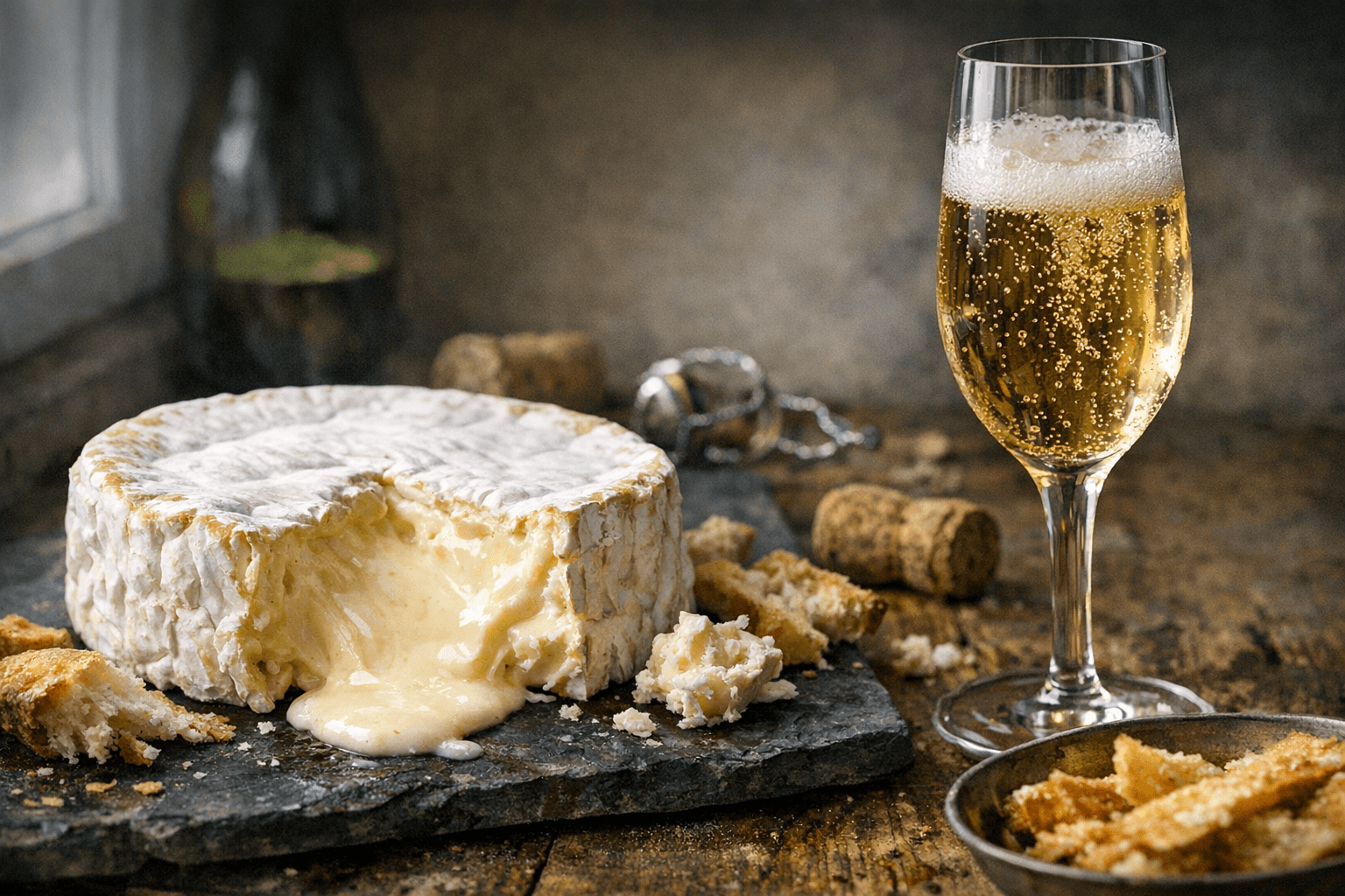 Editorial wine and cheese photograph for "Why Champagne and Triple-Crème Brie Feels Like Cheating (The Chemistry)"