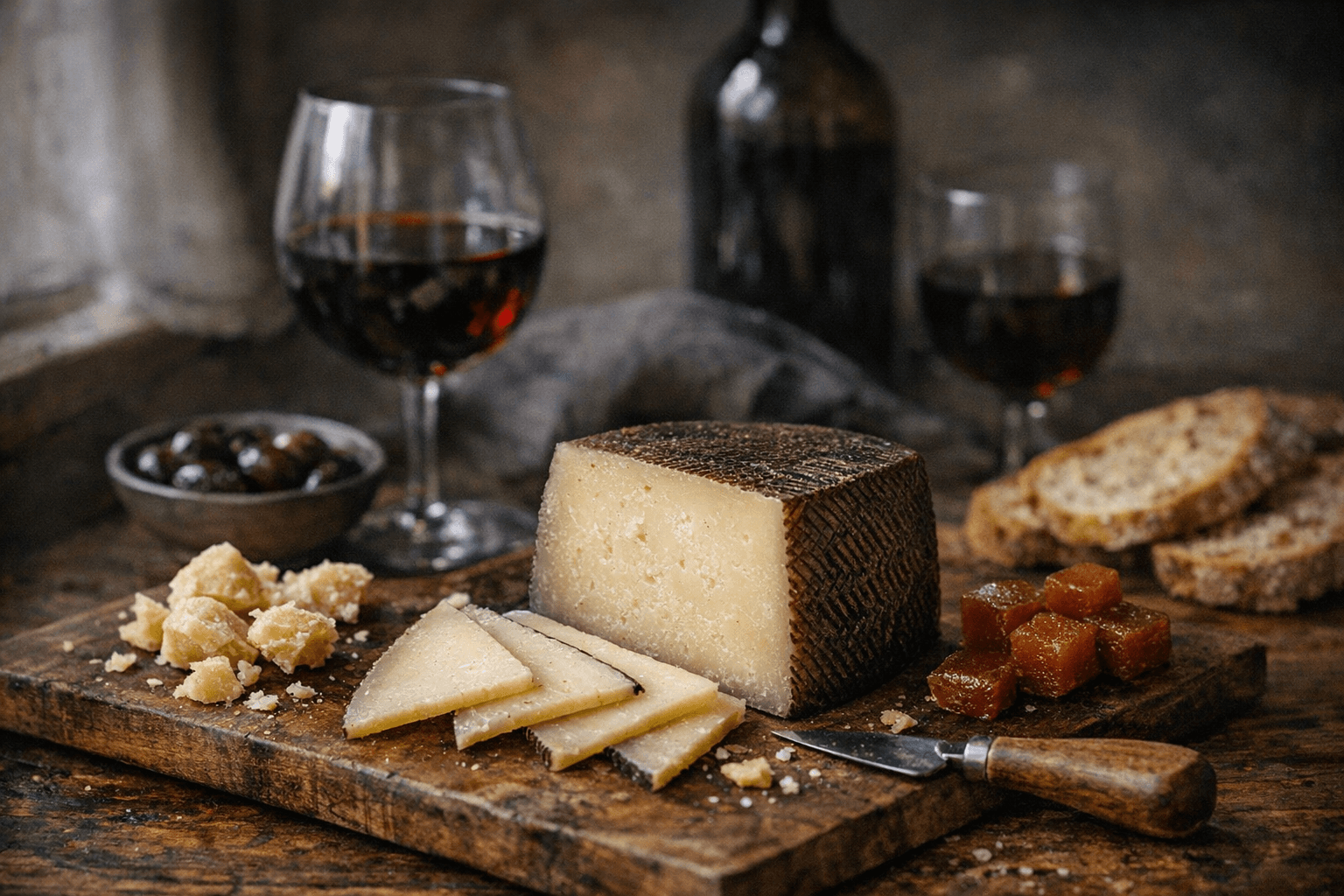 Editorial wine and cheese photograph for "I Deleted My Macro-Tracking App and Replaced It with Manchego Opinions"