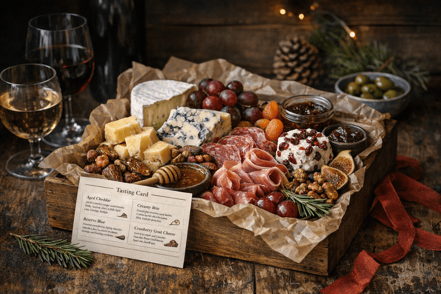 Editorial wine and cheese photograph for "The Holiday Cheese Board That Replaces Gift Cards Forever"