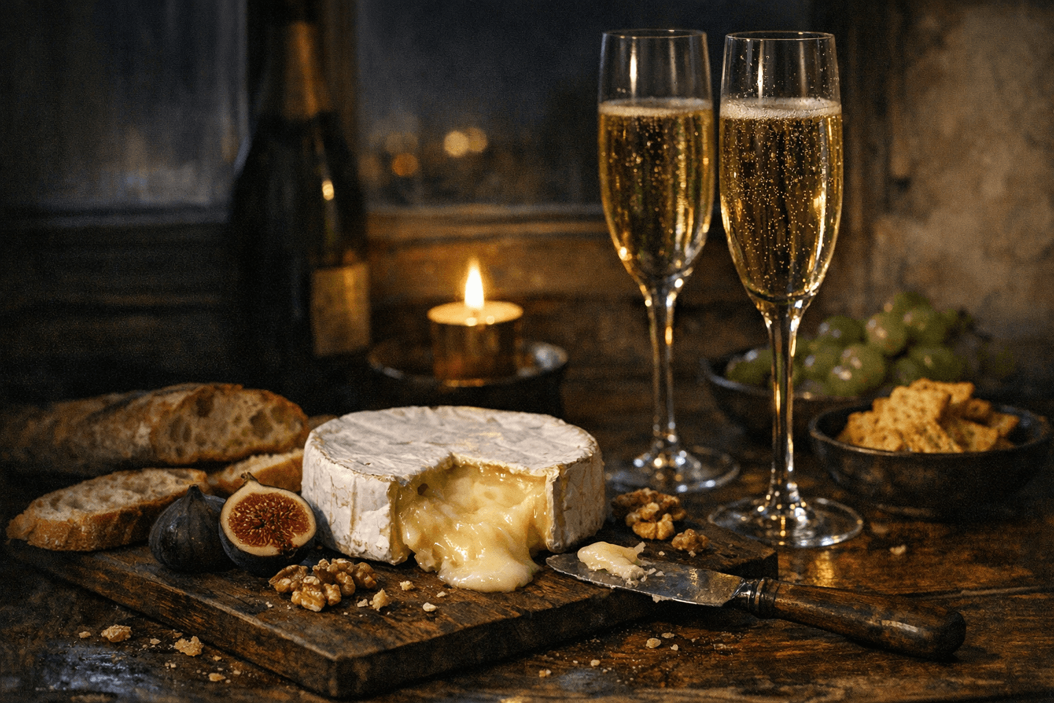 Editorial wine and cheese photograph for "The 11 PM Champagne and Brie Protocol: A Clinically Unverified Manifesto"