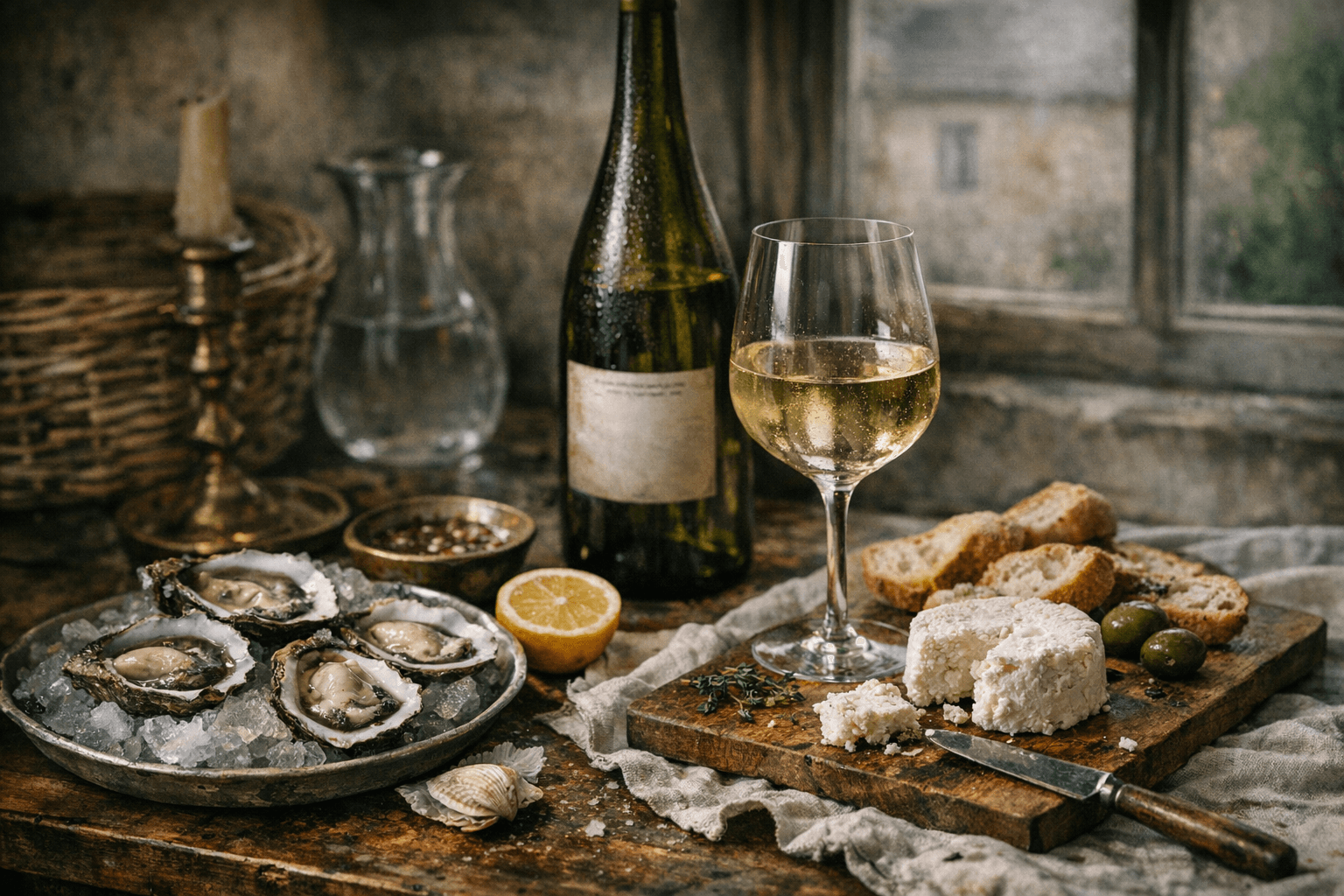 Editorial wine and cheese photograph for "Muscadet: The $14 Bottle That's France's Best-Kept Weeknight Secret"