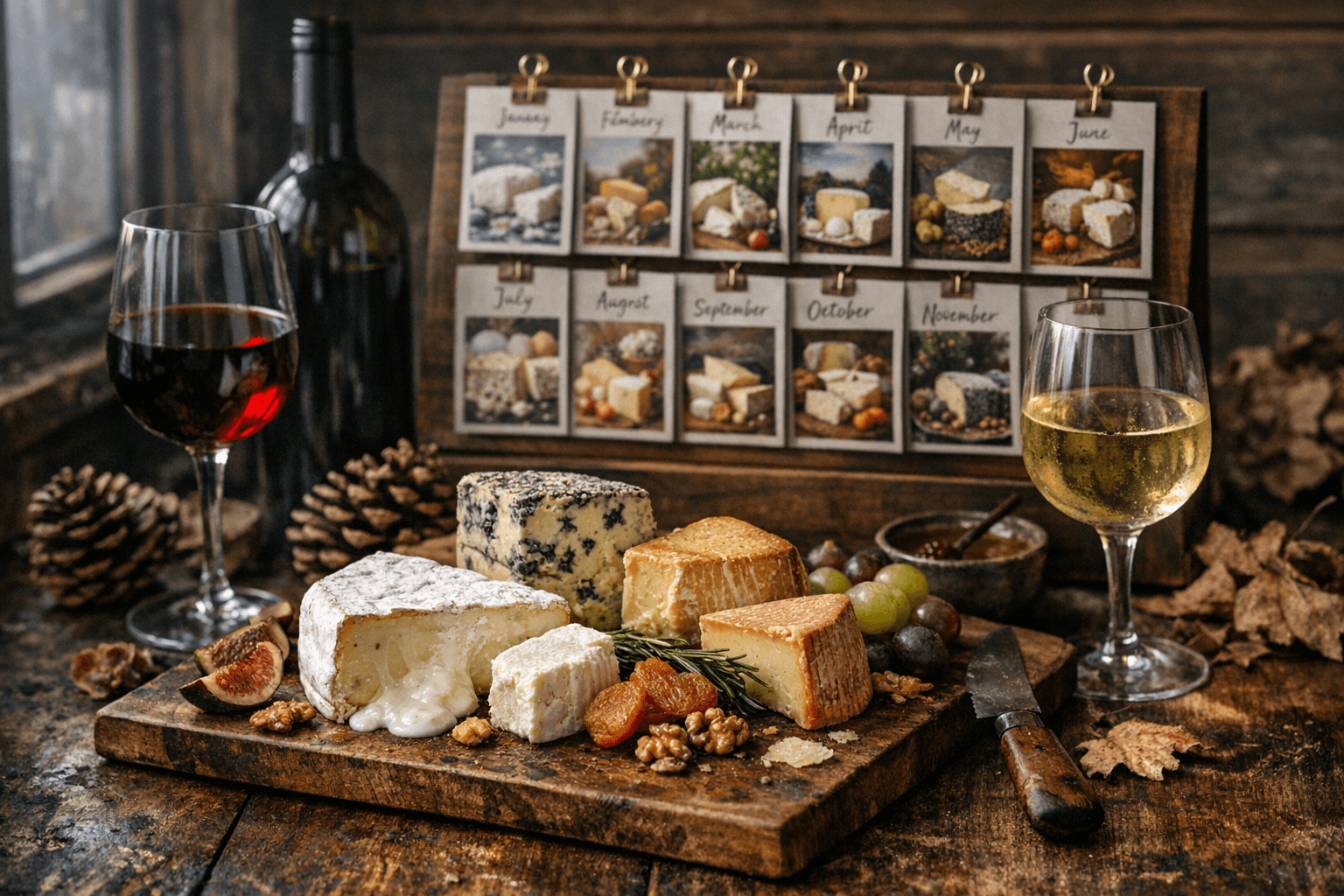 Editorial wine and cheese photograph for "The 12-Month Cheese Calendar: What to Buy, Season by Season"