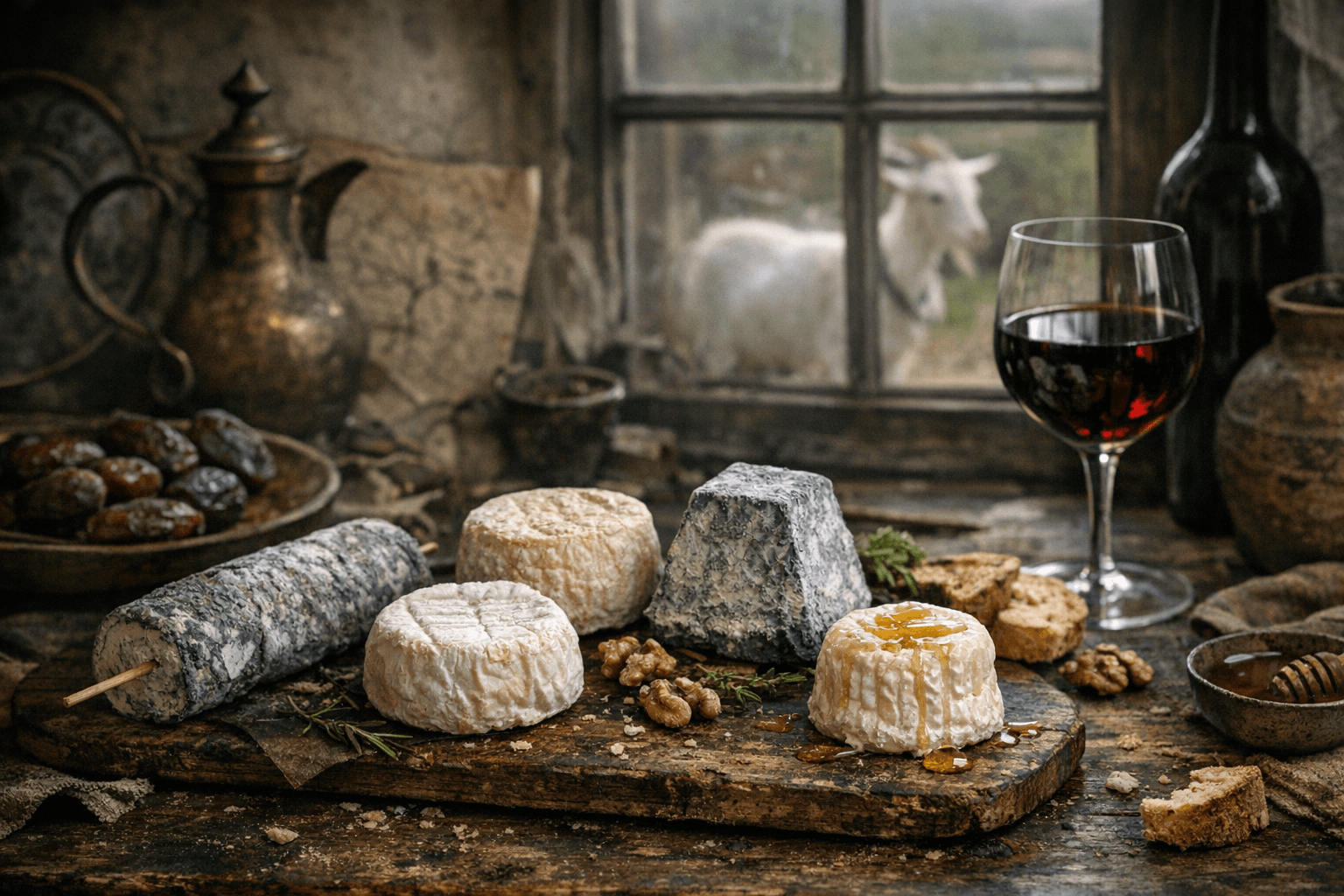 Editorial wine and cheese photograph for "The Saracens Left Their Goats and the French Made Five Cheeses With Protected Origin Status"