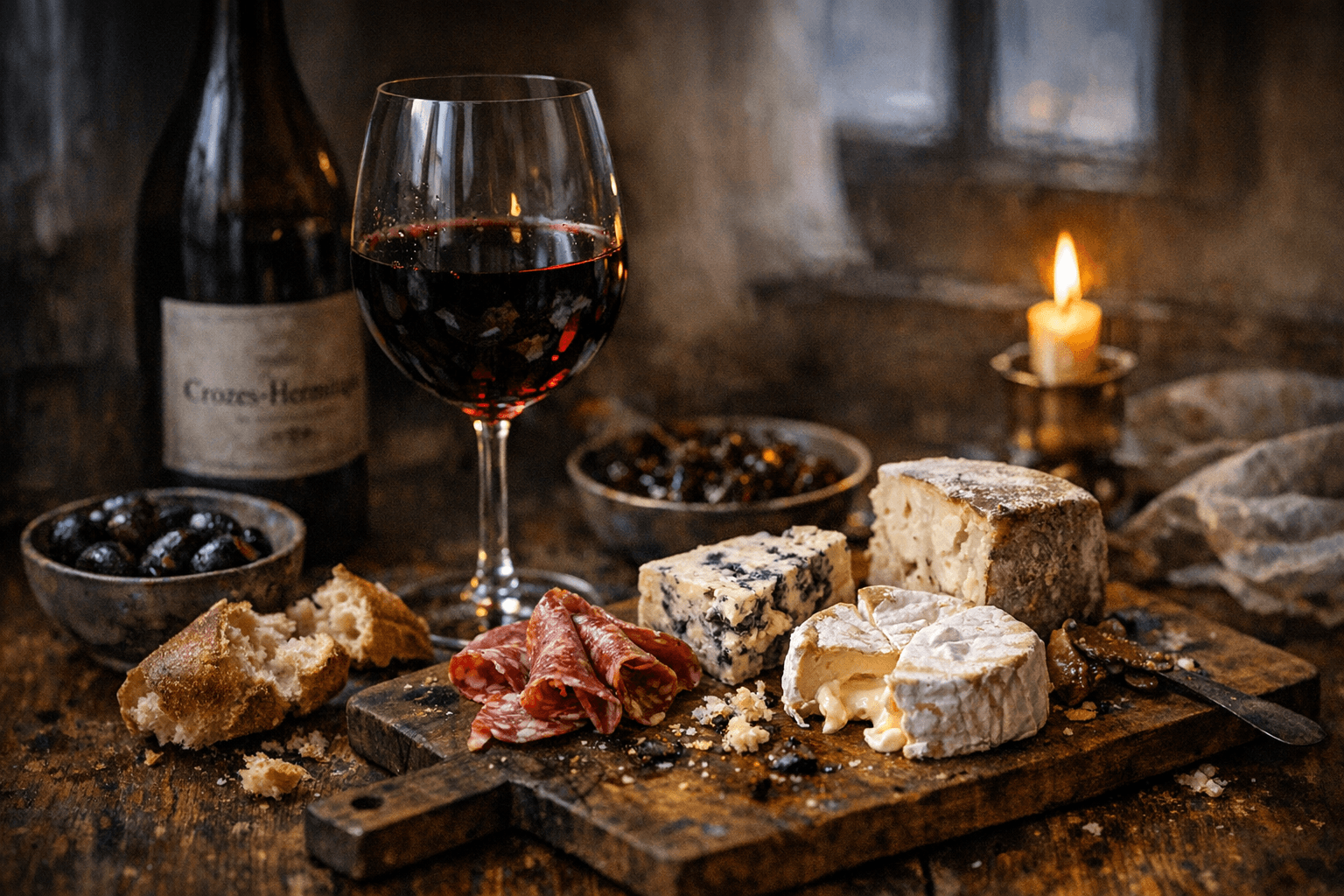 Editorial wine and cheese photograph for "The Wine That Fixed a Tuesday: A Beginner's Guide to Crozes-Hermitage"