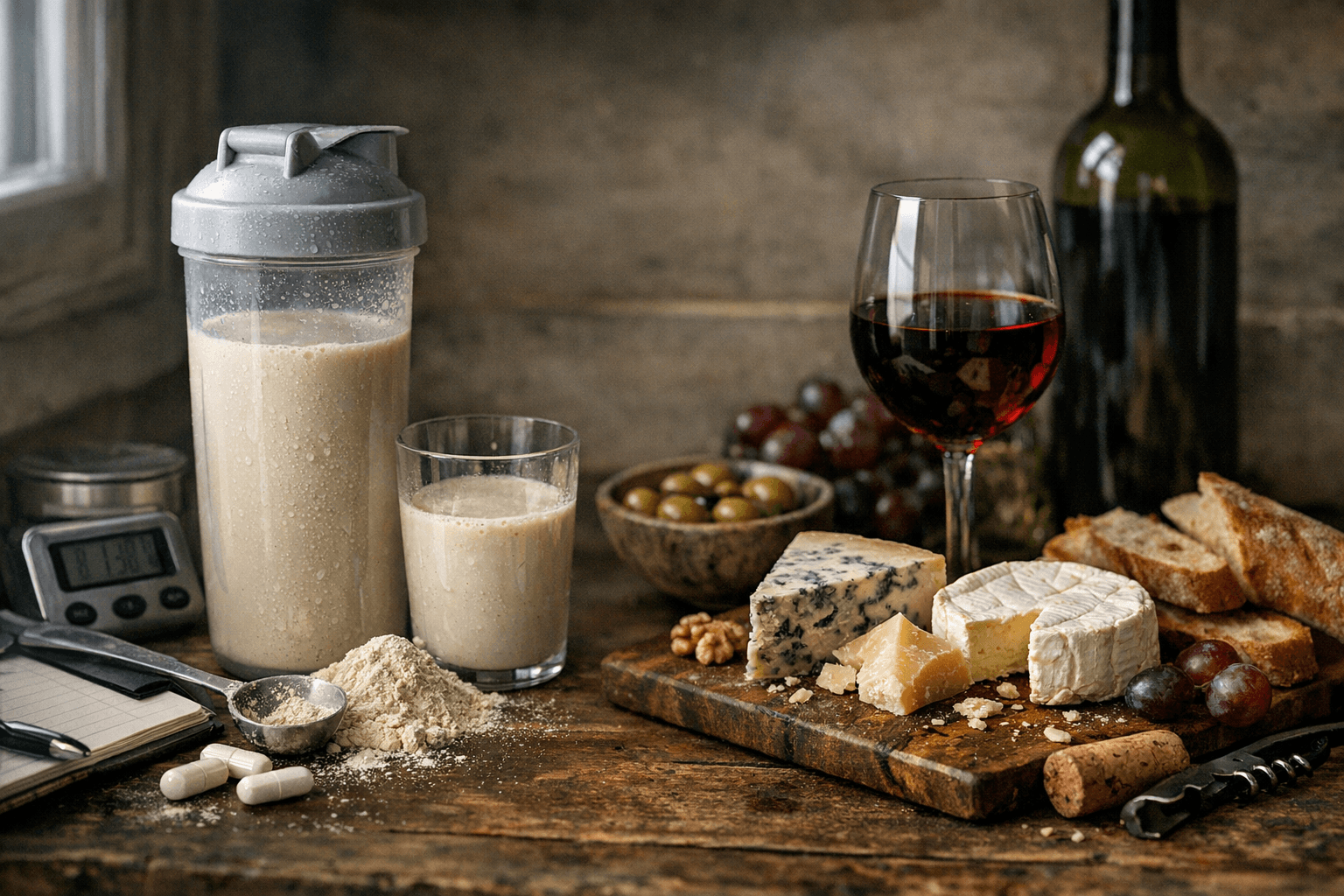 Editorial wine and cheese photograph for "Meal Replacement Shakes: 50 Years of Replacing Food with Disappointment"