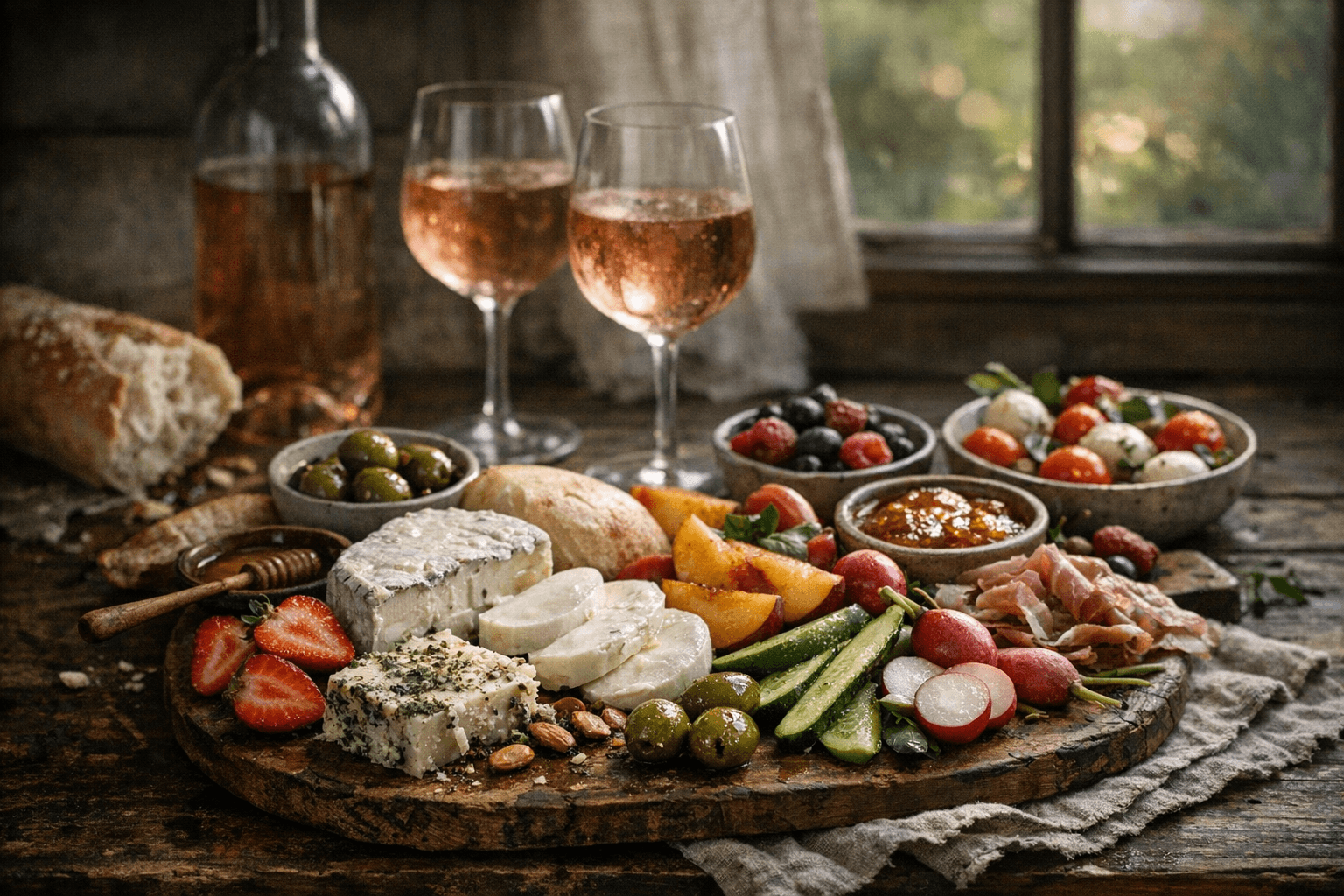 Editorial wine and cheese photograph for "The Summer Cheese Board Protocol: Build Light, Replenish Often, Respect the Heat"