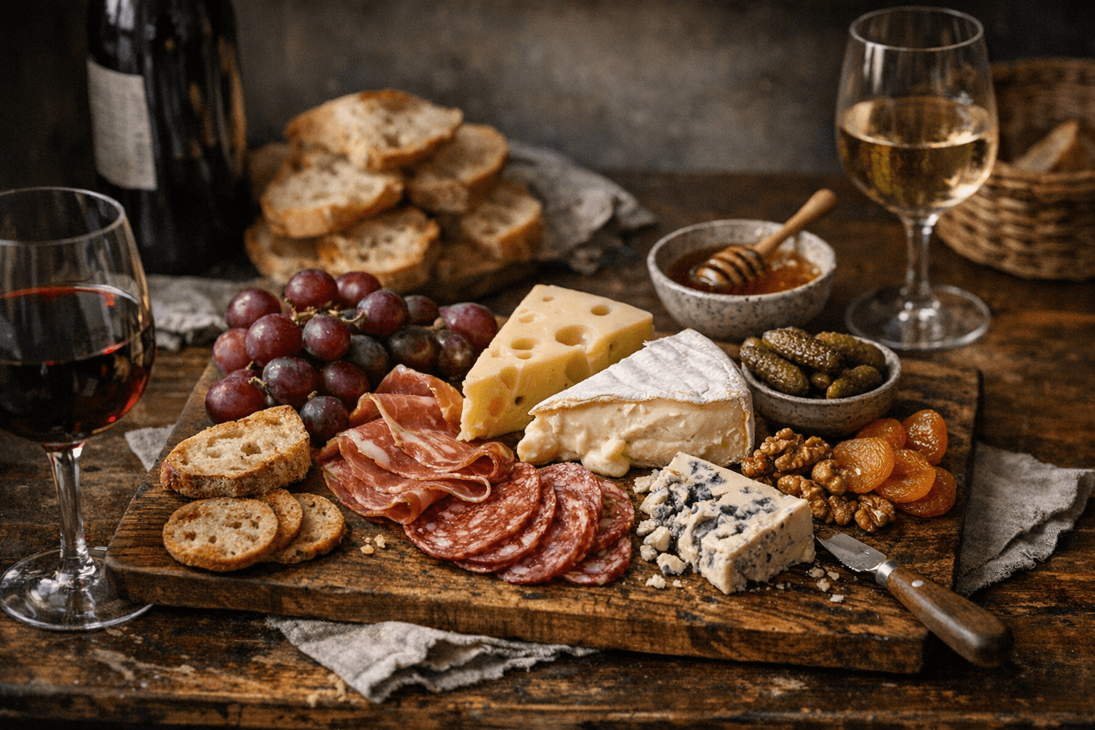 Editorial wine and cheese photograph for "The $35 Weeknight Cheese Board That Beats Takeout Math"