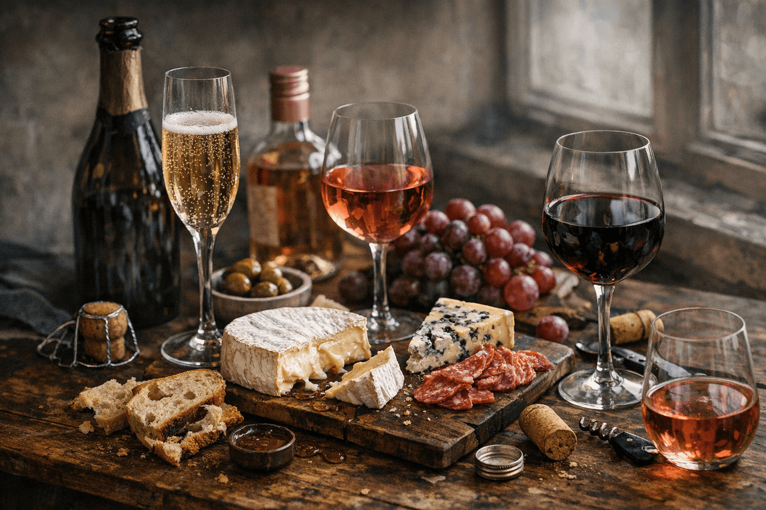 Editorial wine and cheese photograph for "Dom Pérignon Didn't Invent Champagne (And 4 Other Things Wine Drinkers Accept Without Questioning)"