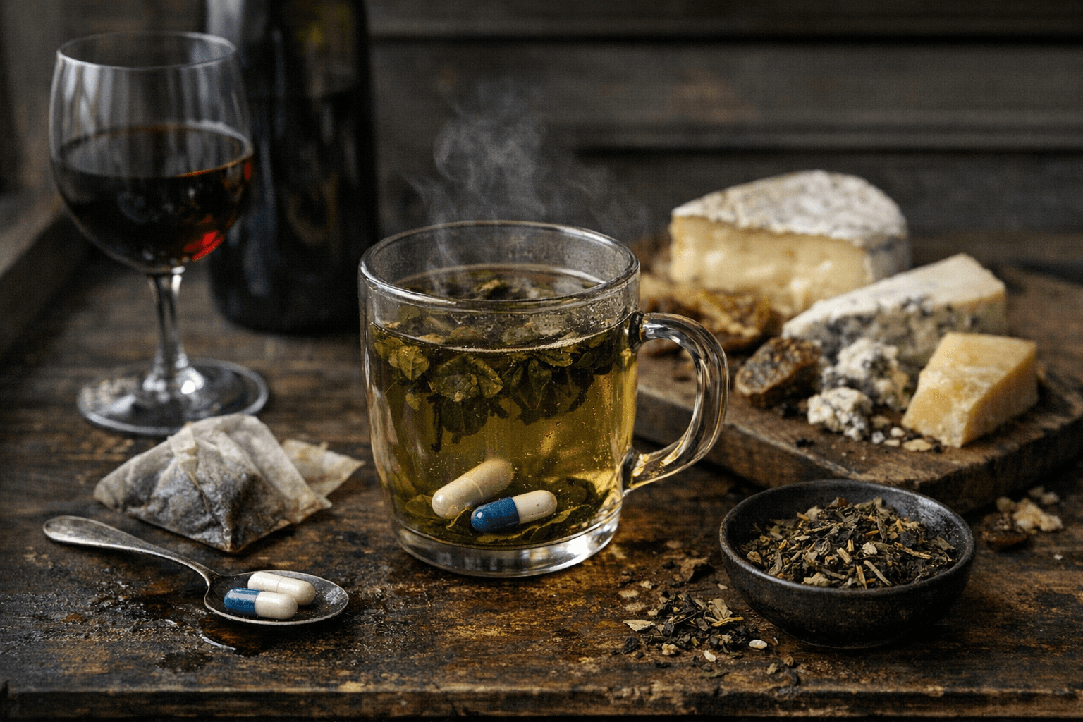 Editorial wine and cheese photograph for "Your Detox Tea Is Mostly a Laxative (And One Had Prozac)"
