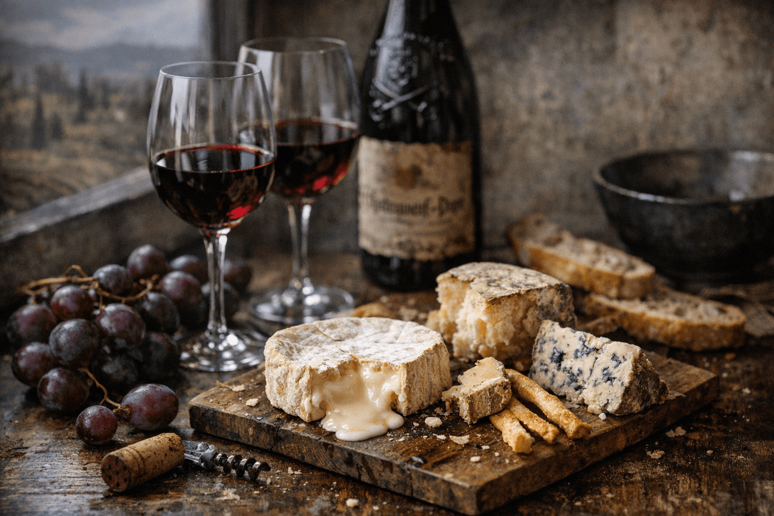 Editorial wine and cheese photograph for "What I Taught My Daughters About Châteauneuf-du-Pape Before They Could Drive"
