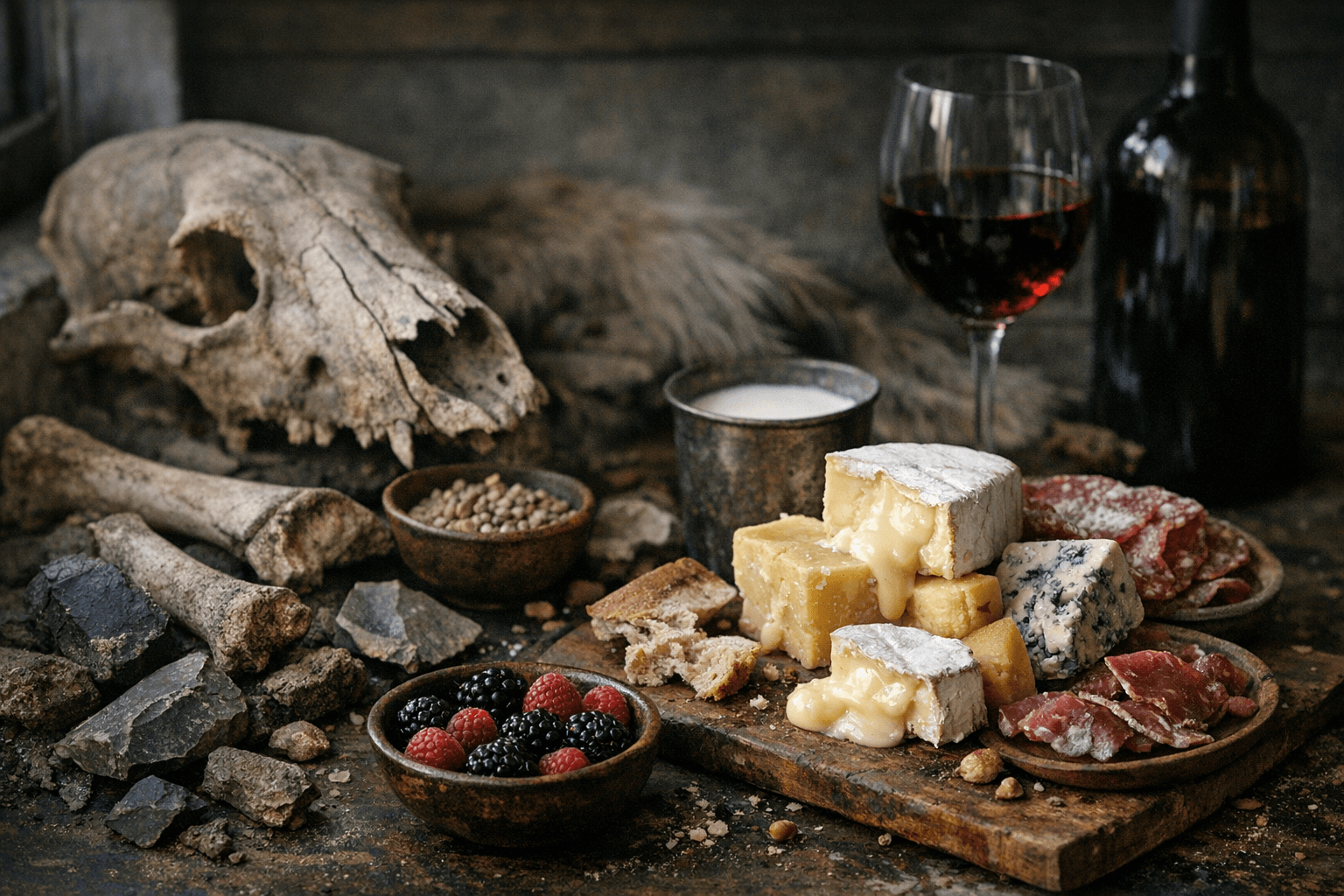 Editorial wine and cheese photograph for "The Paleo Fantasy: What 15,000-Year-Old Bones Actually Say"