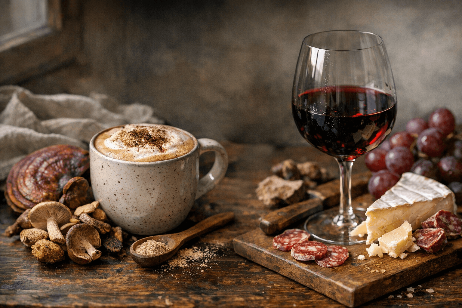 Editorial wine and cheese photograph for "The $8 Mushroom Latte vs. a $14 Glass of Burgundy: A Scientific Comparison"