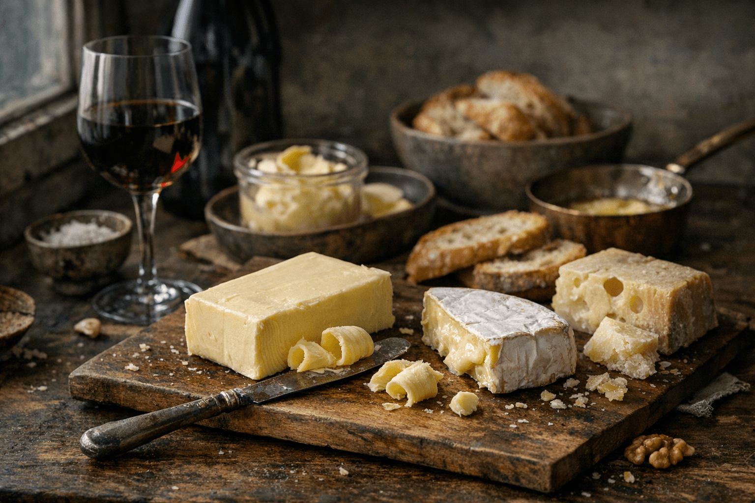 Editorial wine and cheese photograph for "Butter Is Not a Personality: The Saturated Fat Story Scientists Are Still Writing"