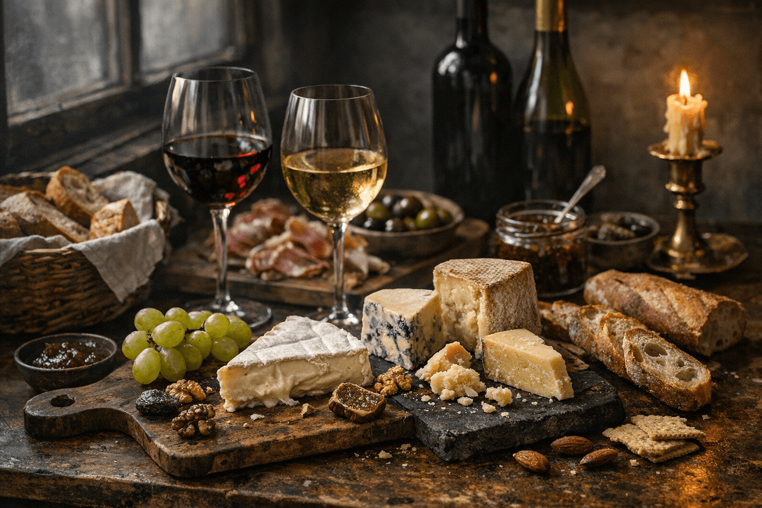 Editorial wine and cheese photograph for "The Wine and Cheese Dinner Party: A Field-Tested Protocol for Not Ruining the Evening"