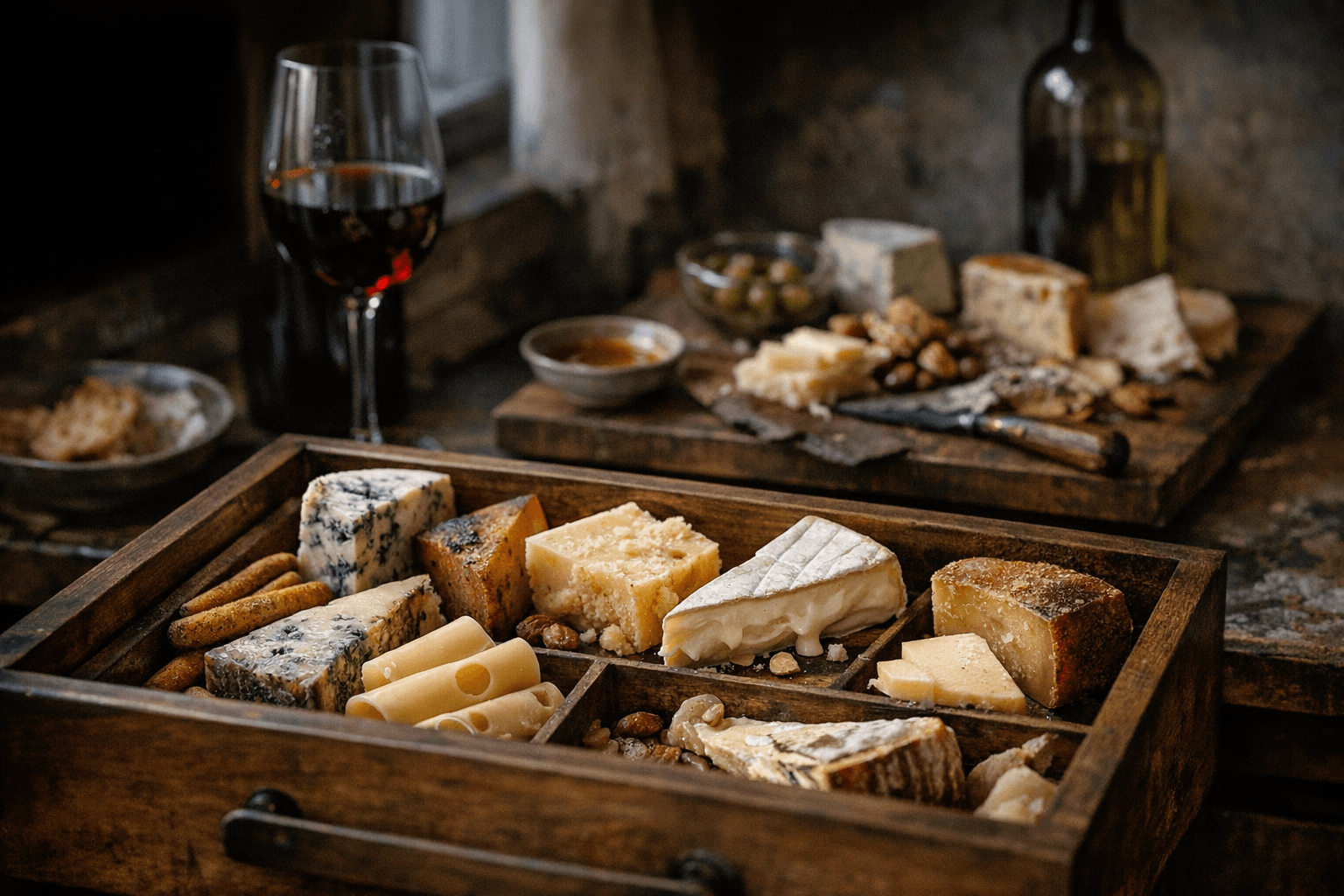 Editorial wine and cheese photograph for "We Tested the 95% Diet Failure Rate. Then We Found the Cheese Drawer."