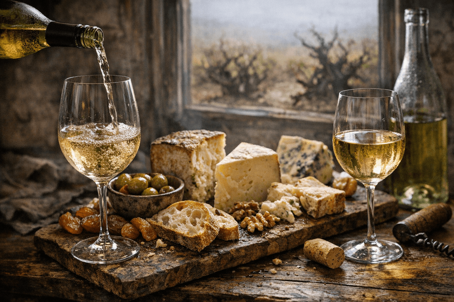 Editorial wine and cheese photograph for "The 50-Year-Old Vines Nobody Irrigates and Why You Should Be Drinking Their Wine"