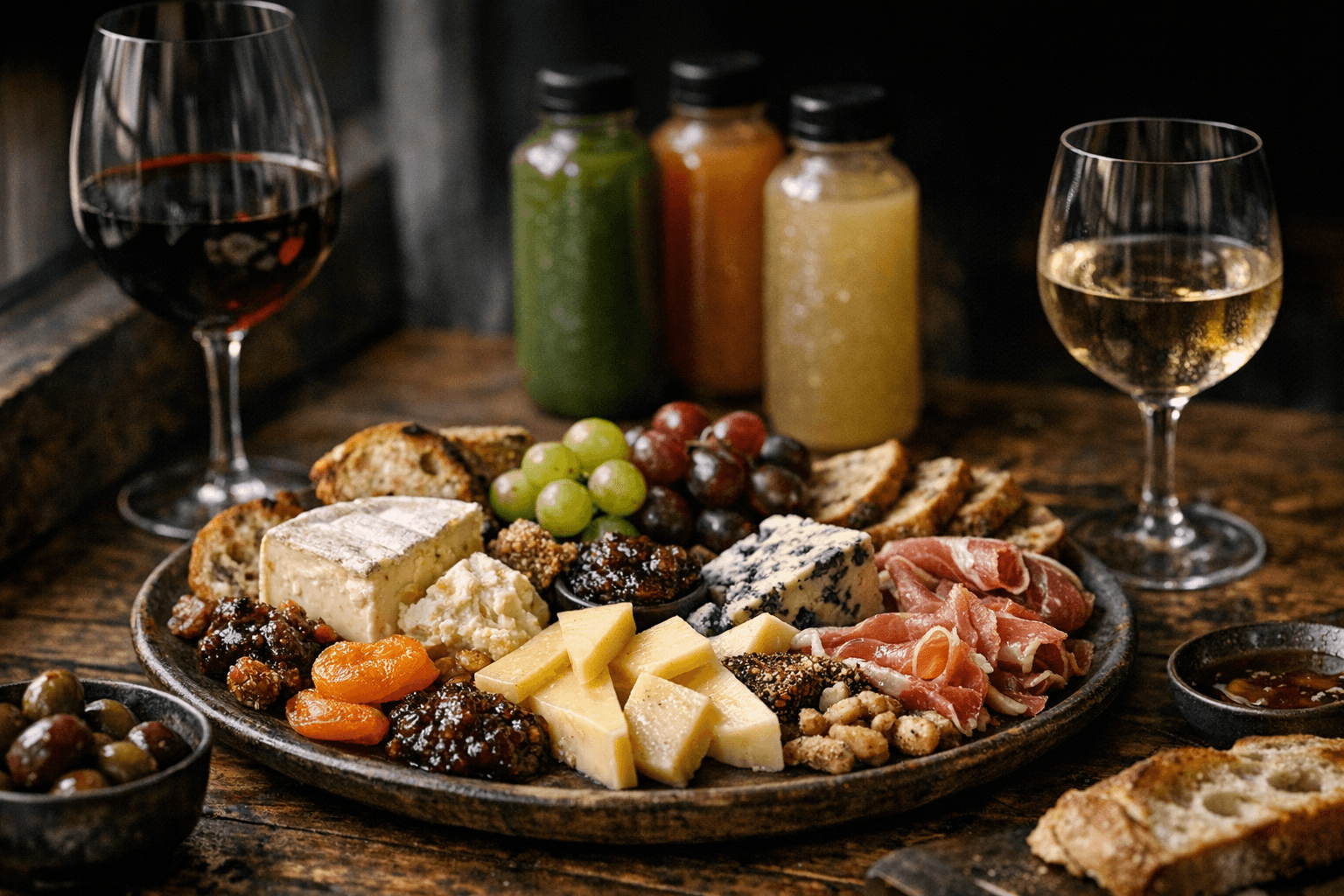 Editorial wine and cheese photograph for "We Spent $200 Each on a Juice Cleanse and Ended Up Ordering a Cheese Plate"