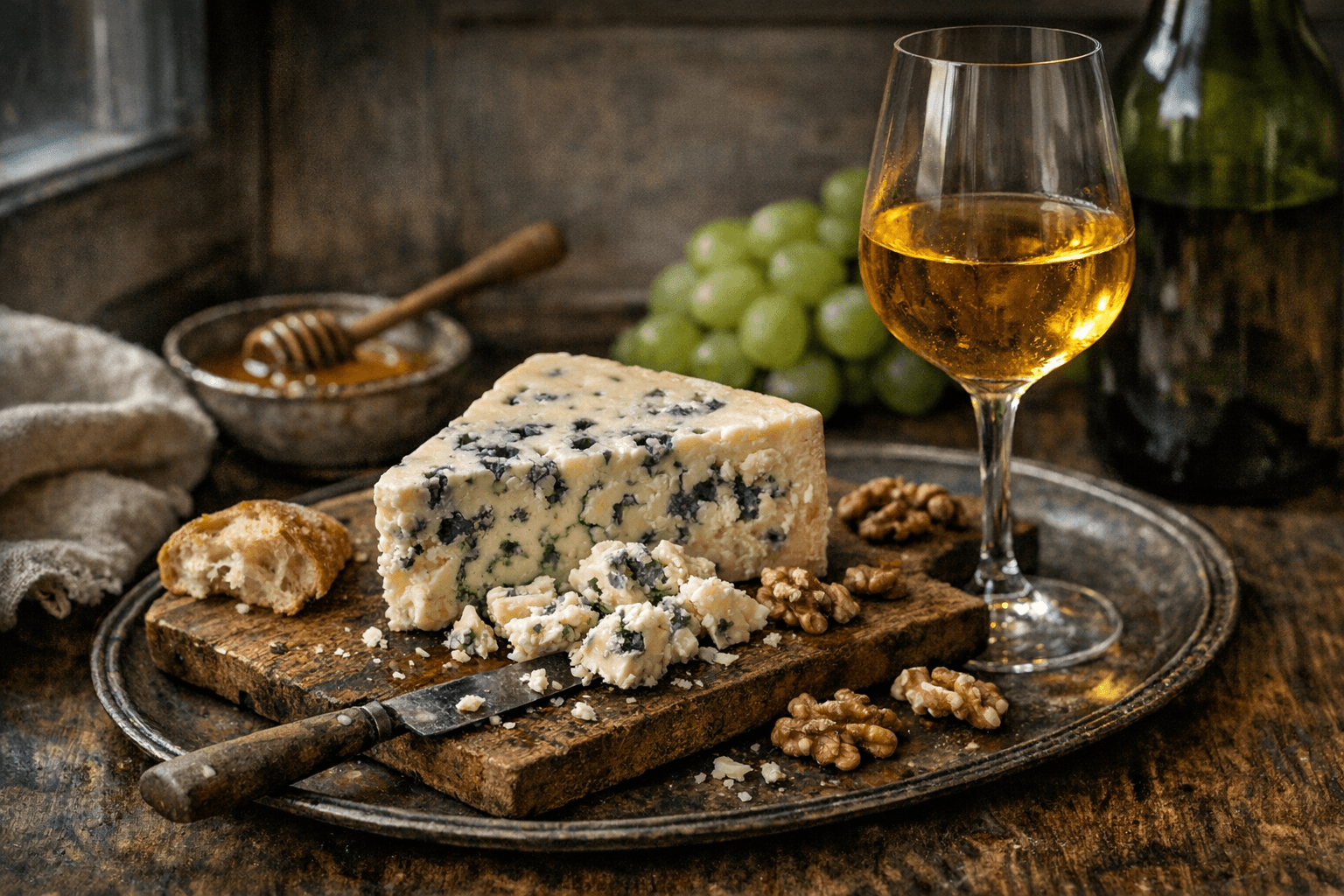Editorial wine and cheese photograph for "Sauternes and Roquefort: The Pairing That Predates Your Entire Wellness Routine"