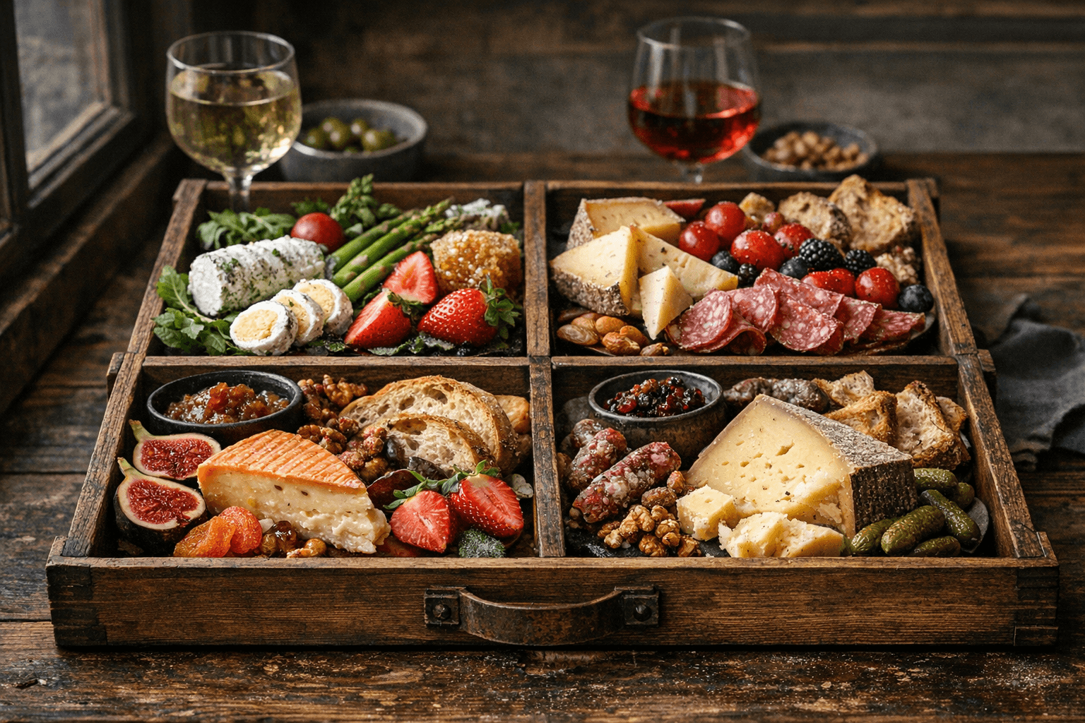 Editorial wine and cheese photograph for "The 4-Season Cheese Board Calendar: A Clinically Unverified Framework for Dairy Throughout the Year"