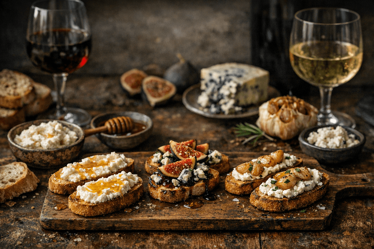 Editorial wine and cheese photograph for "3 Emergency Crostini Recipes for When Guests Arrive Before You're Ready"