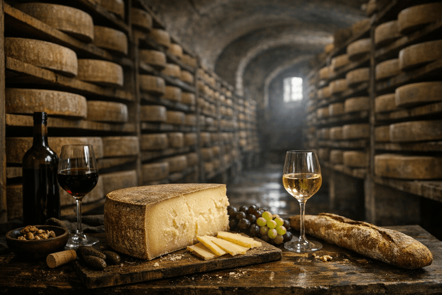 Editorial wine and cheese photograph for "Inside Fort des Rousses: Where 100,000 Comte Wheels Age in Napoleon's Former Barracks"