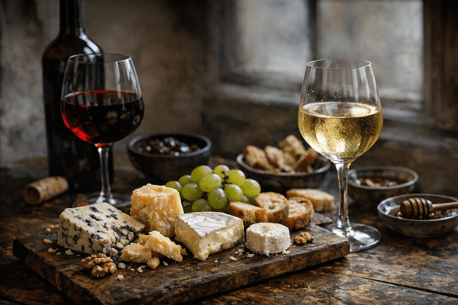 Editorial wine and cheese photograph for "The Red Wine Problem: Why White Wine Is Almost Always the Better Cheese Partner"