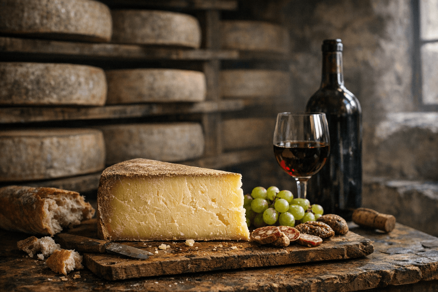 Editorial wine and cheese photograph for "A Military Fort, 100,000 Wheels, and the Man Who Trusted Slow"