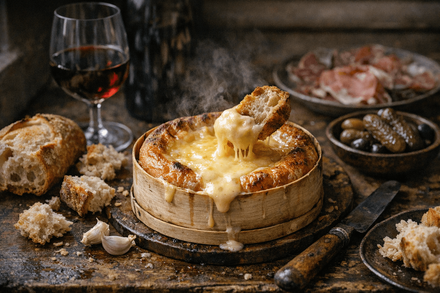 Editorial wine and cheese photograph for "Baked Époisses: The 20-Minute Fondue That Took Four Weeks to Make"