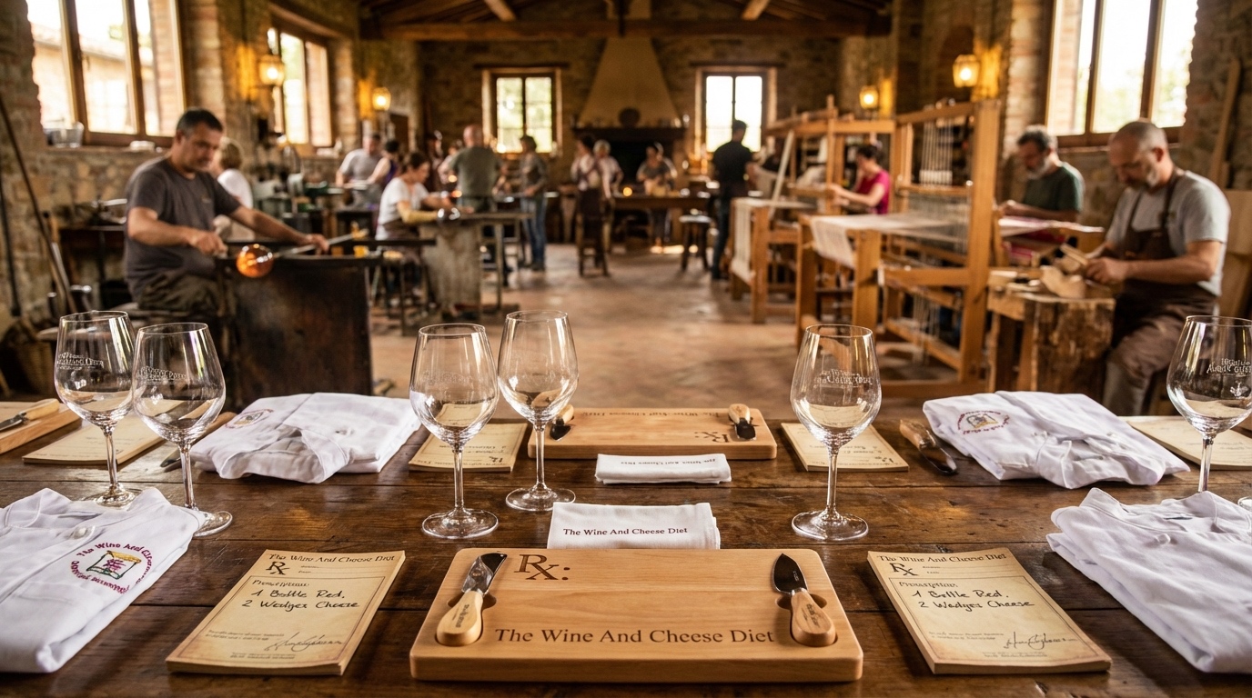 The Wine & Cheese Diet official merchandise — branded aprons, cheese boards, wine glasses, and prescription pads laid out on a rustic workshop table