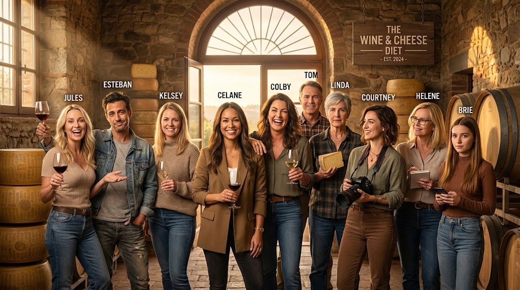 The Wine and Cheese Diet team gathered in a Tuscan cheese cave — Celane, Jules, Esteban, Kelsey, Courtney, Helene, Brie, Tom, Colby, and Linda
